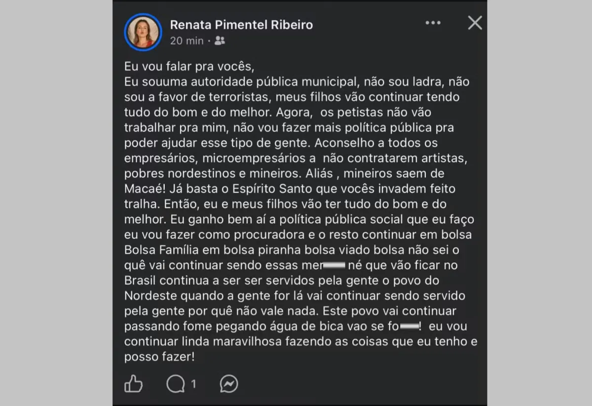 Procuradora de Macaé é investigada pela polícia após postagens ofensivas contra nordestinos, mineiros e eleitores do PT